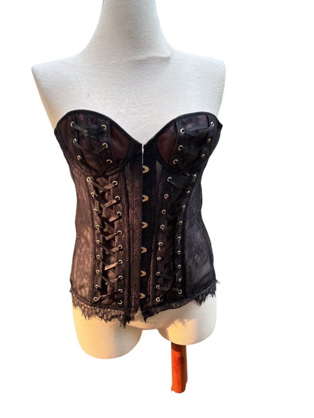Black Lace-Up Corset Sheer Lace Panels & Hook Closures Size Large Goth Victorian
